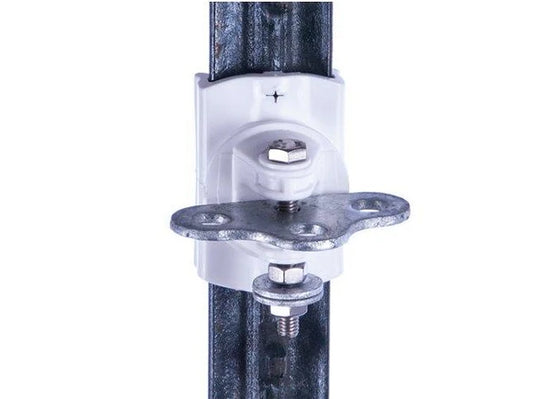 A close-up of a metal T post and pgallagher 3 way gate anchor kit shown against a plain white background.