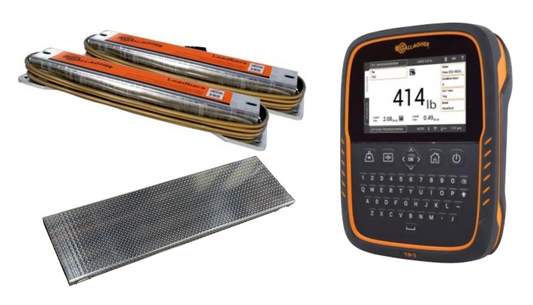 A Gallagher TW-3 Cattle Scale with an orange and black casing shown next to two Load bars and a flat metal Cattle platform on a white background.