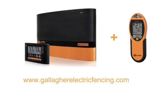 Gallagher M5800i 58 Joule Electric Fence Charger with digital display box and free remote control on white background
