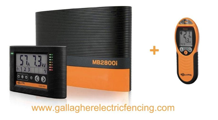 Gallagher MBS2800i Electric Fence Energizer with remote and fene read out panel on white background