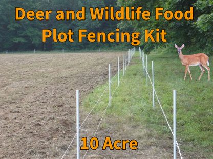 Deer and wildlife food plot fencing kit with a deer in a field, text overlay indicating '10 Acre' size.