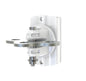 A white plastic 3 way gate anchor mount bracket with a silver metal mounting plate and threaded bolt, shown on a plain white background.