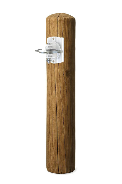 A vertical brown wooden post with a white 3 way gate anchor with metal mounting bracket and silver hardware, isolated on a white background.