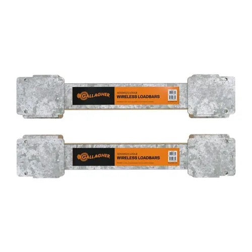 Two Gallagher 11,000 lbs wireless loadbars with galvanized steel ends and orange and black labels, shown on a plain white background