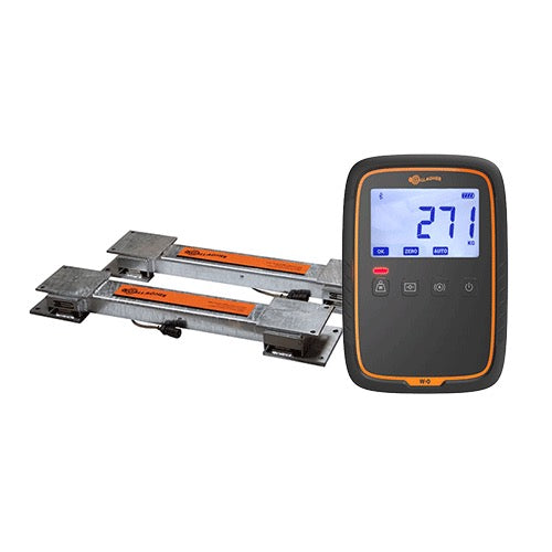 Gallagher w-o cattle scale system featuring a black and orange handheld controller with a blue backlit display next to two load bars with orange labels, shown on a plain white background.
