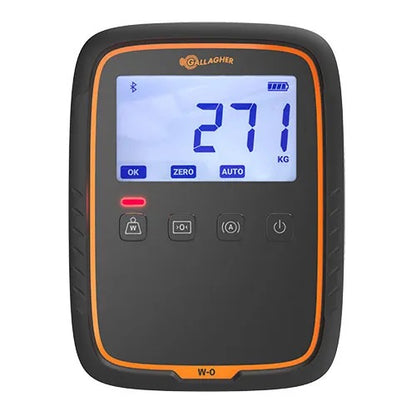 A Gallagher W-0 digital scale with a black face, orange border, and a blue backlit LCD screen showing '27.1 KG'.