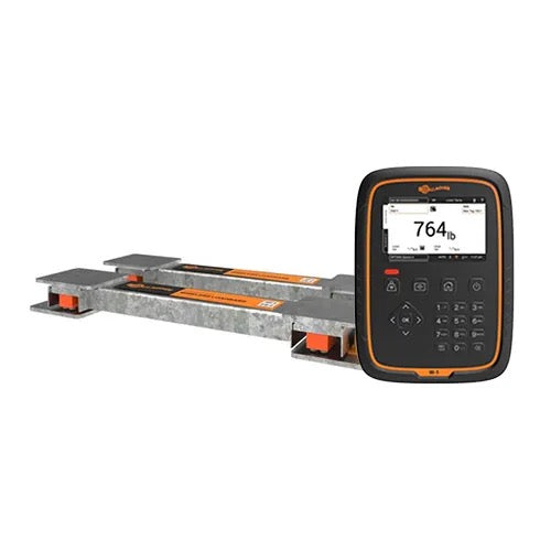 A digital gallagher w-1 cattle scale with a black and orange display controller next to a long metal wireless weighing loadbars with orange accents, shown on a white background.