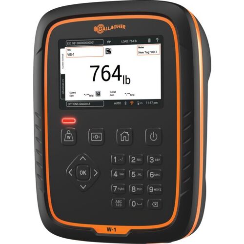 Gallagher W-1 Livestock Weigh Scale Indicator for cattle weighing in a black case and touchscreen