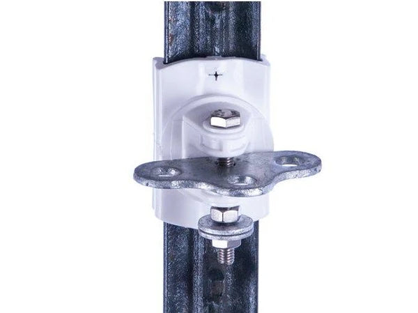 A close-up of a metal T post and pgallagher 3 way gate anchor kit shown against a plain white background.