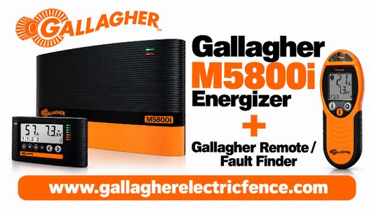 Gallagher M5800i electric fence energizer / fence charger with free remote control / fault finder with purchase showing display and gallagher logo and the website address www.gallagherelectricfence.com