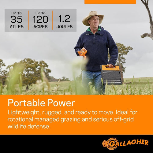 Cattle Rancher holding a Gallagher S120 Electric Fence Charger in a field with product features displayed.