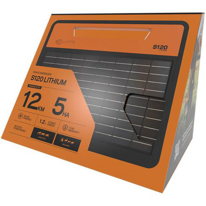 Gallagher S120 in  packaging of a solar fence energizer with product details on a white background in orange