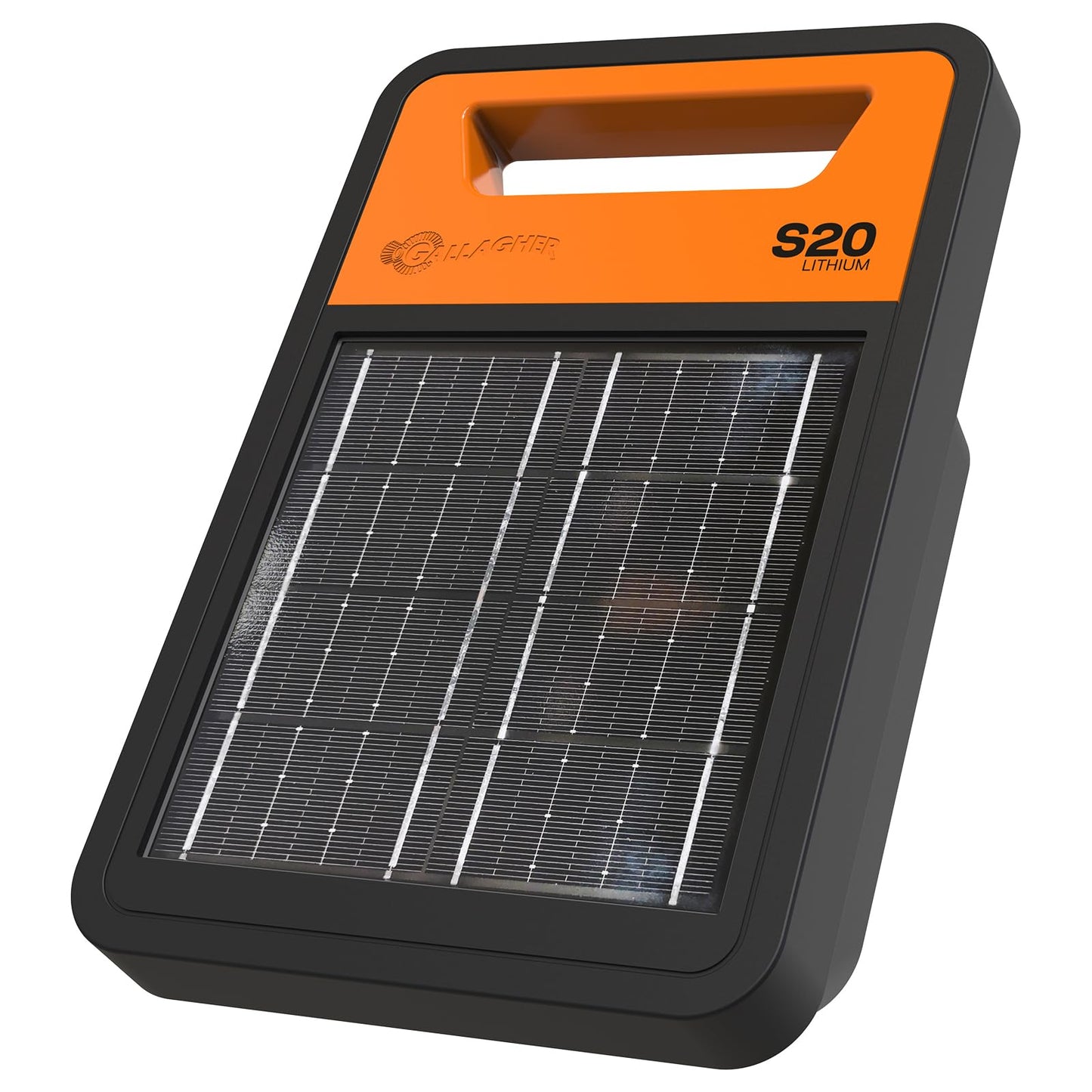 Gallagher S20 Solar Fence Charger with orange banner and black solar panel with rugged case