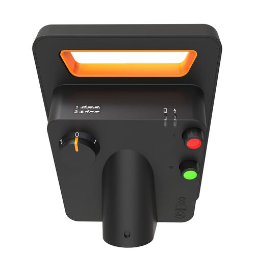 Gallagher S20 Solar Lithium fence charger from the back side where it can be mounted on a t-post with knobs