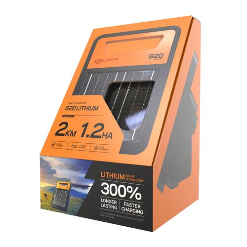 Gallagher S20 solar energizer in orange box with ratings and details