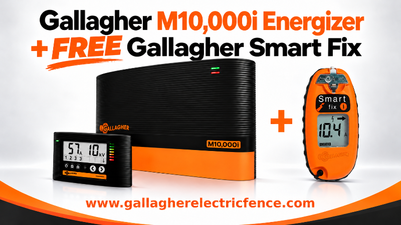 Gallagher M10000i electric fence energizer with display panel and free fault finder