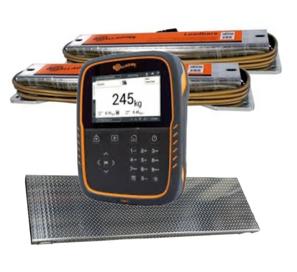 Gallagher TW-1 electronic scale display device with a black and orange casing stands in front of two alleywat loadbars on a white background. A textured gray platform is placed beneath the device.
