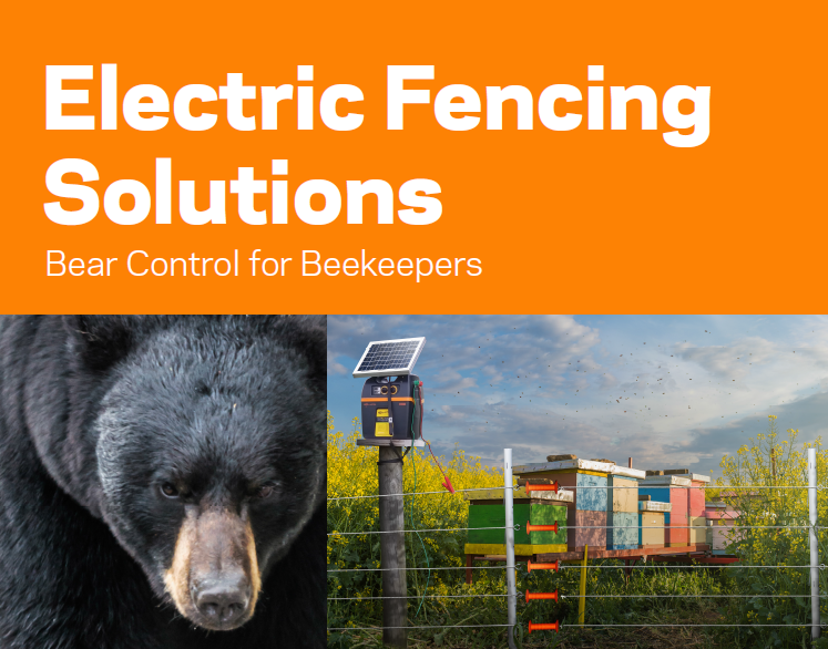 Advertisement for gallagher electric fencing solutions with a bear and beekeeping hives on an orange background.
