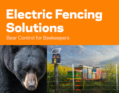 Advertisement for gallagher electric fencing solutions with a bear and beekeeping hives on an orange background.