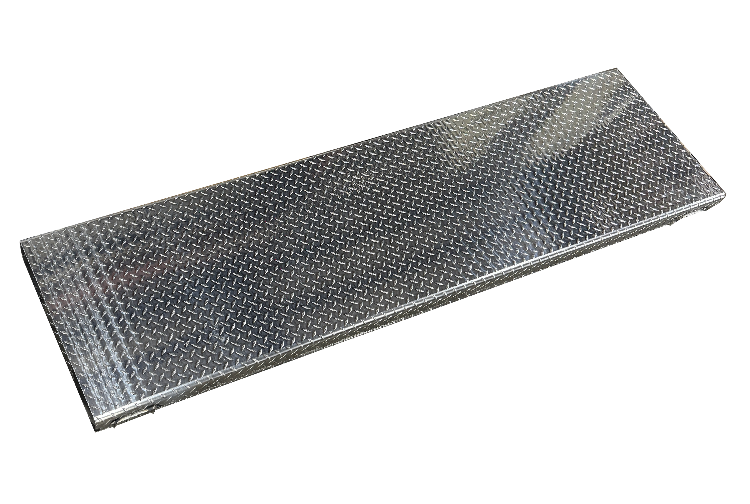 A rectangular gallagher cattles weigh scale diamond plate metal platform with a textured metallic finish, shown at an angle on a plain  background.
