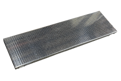 A rectangular gallagher cattles weigh scale diamond plate metal platform with a textured metallic finish, shown at an angle on a plain  background.
