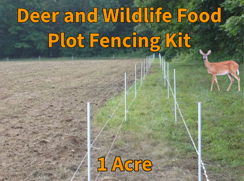 Deer and wildlife food plot fencing kit with a deer in a field, text indicating 1 acre coverage.