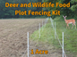 Deer and wildlife food plot fencing kit with a deer in a field, text indicating 1 acre coverage.