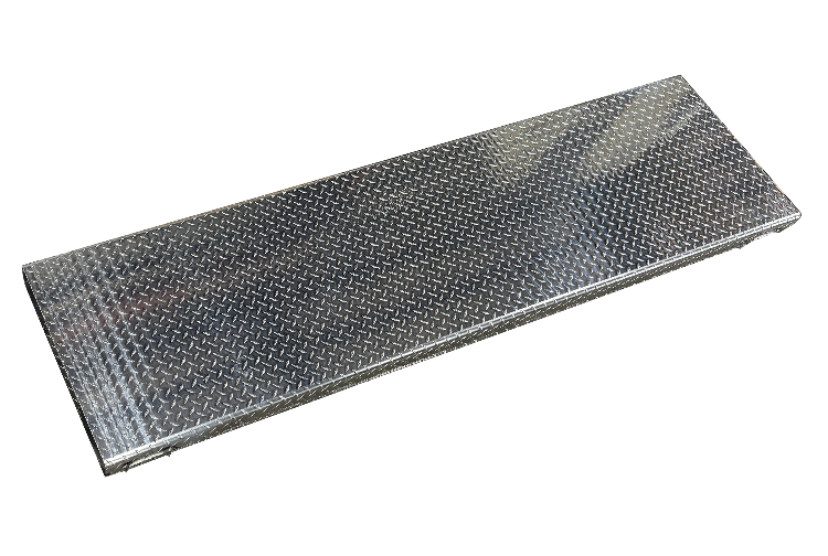 A rectangular diamond plate metal livestock and cattle scale platform from Gallagher with a textured metallic finish, shown at an angle on a plain white background.