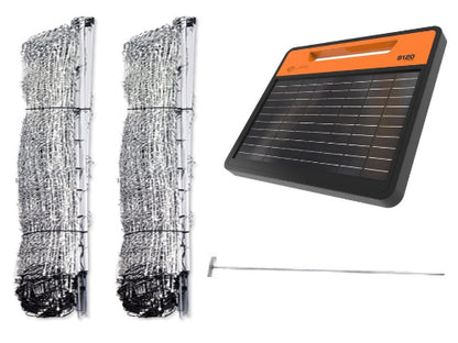 Gallagher S120 Solar fence energizer with two rolls of sheep netting wire on a white background
