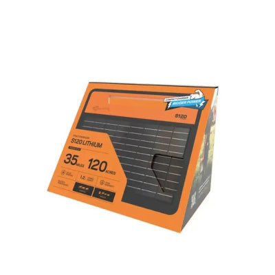 Gallagher S120 Electric Fence Charger with Orange and black packaging of a lithium product on a white background