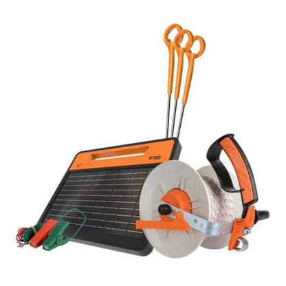 Gallagher S120 Solar electric fence charger with panel, fence clamps, and fence wire reel and ring top posts on a white background
