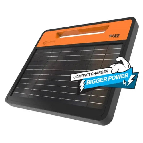 Gallagher S120 Lithium Energizer Solar panel with 'Compact Charger Bigger Power' text on a white background