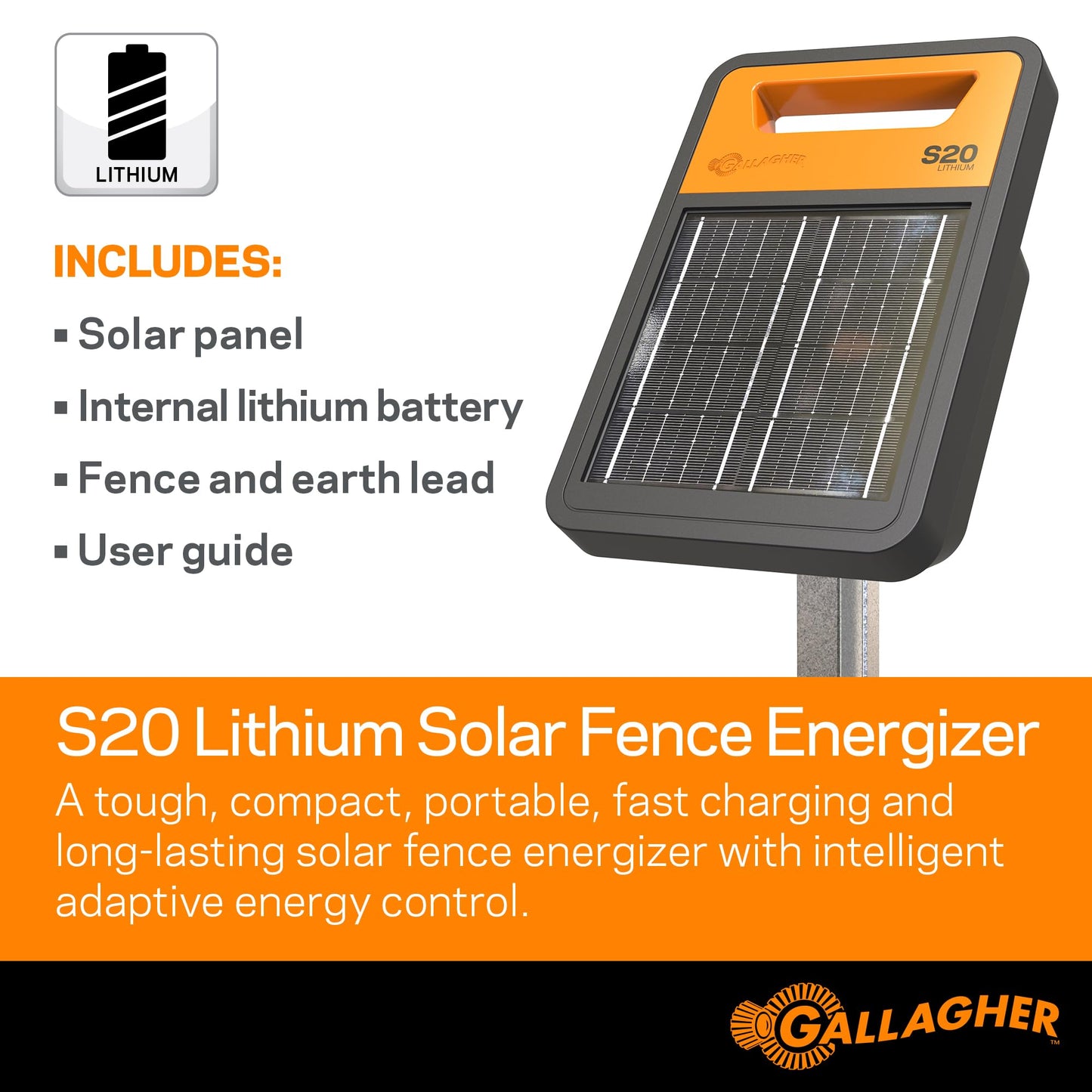 Gallagher S20 fence charger on a post advertisement that reads S20 Lithium Solar Fence Energizer
