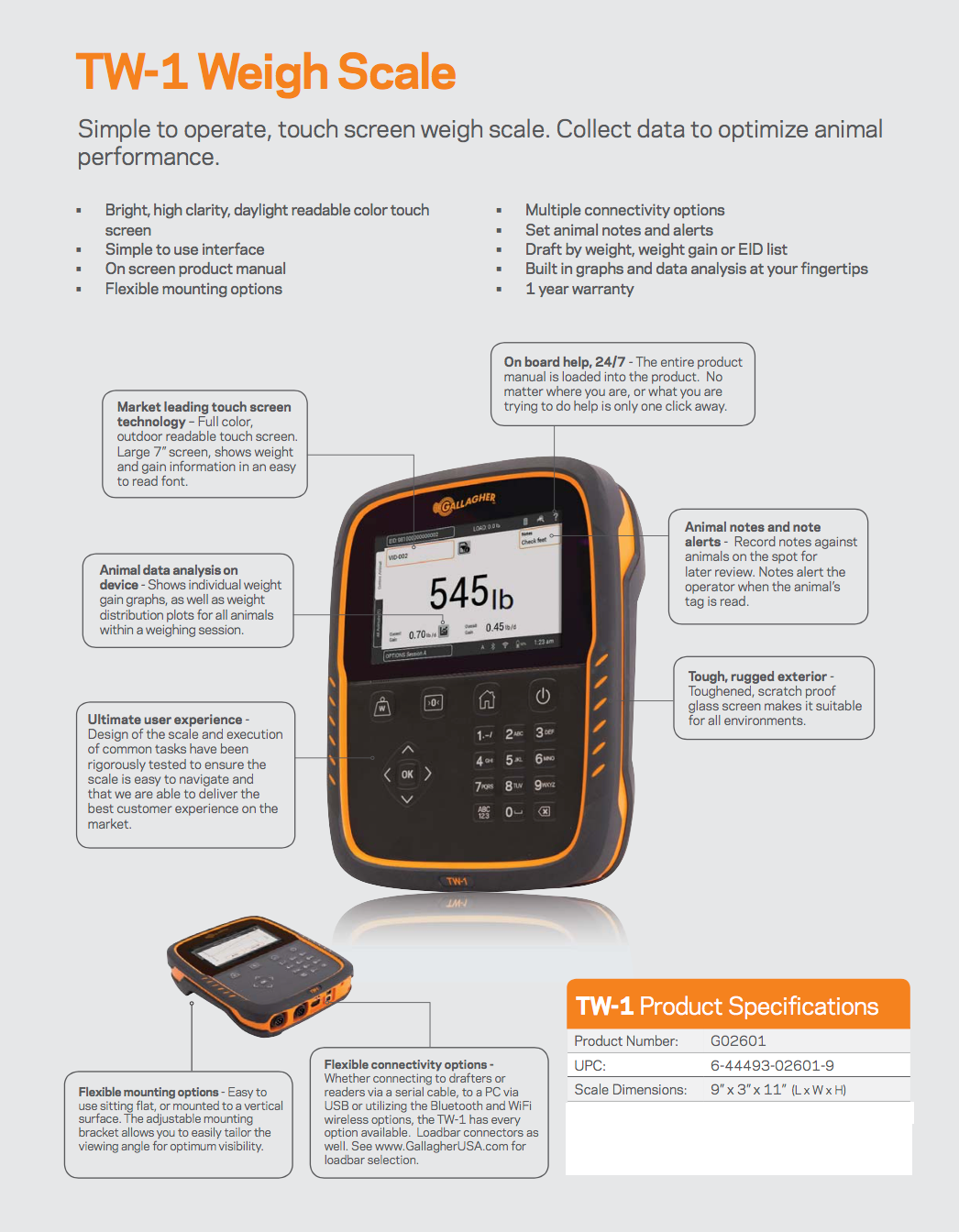 A promotional product graphic for the TW-1 Touch Screen Weigh Scale, showing the device and its carrying case on a white background with multiple callout text boxes and a product specifications table. The scale is bright and clear with a large 545 lb display, and the orange-and-black carrying case sits below it.