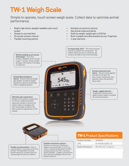 A promotional product graphic for the TW-1 Touch Screen Weigh Scale, showing the device and its carrying case on a white background with multiple callout text boxes and a product specifications table. The scale is bright and clear with a large 545 lb display, and the orange-and-black carrying case sits below it.