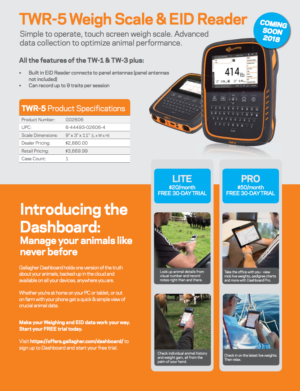 Promotional graphic for the Gallagher TWR-5 Weigh Scale & EID Reader, showing the product specifications on the left, a 'Coming Soon 2018' badge, and three dashboard preview panels labeled Lite, Pro, and Pro+ on an orange and white background.