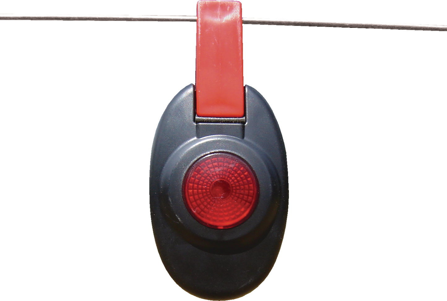 Patriot fence alert is a Black and red flashing light  hanging on a wire against a white background