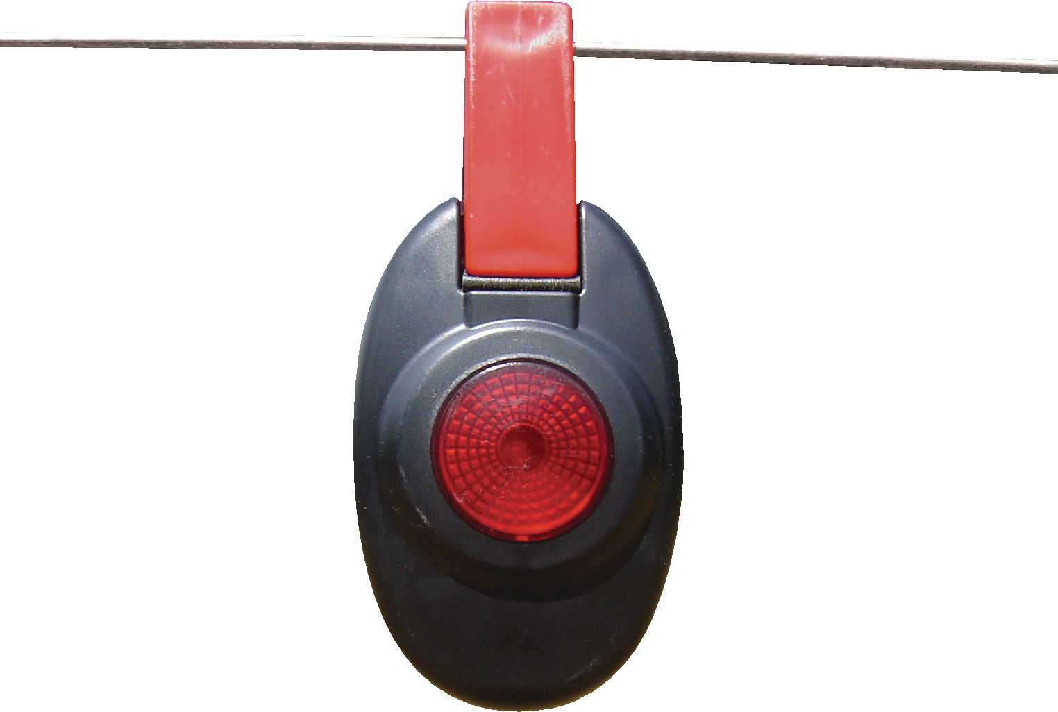 Patriot fence alert is a Black and red flashing light  hanging on a wire against a white background