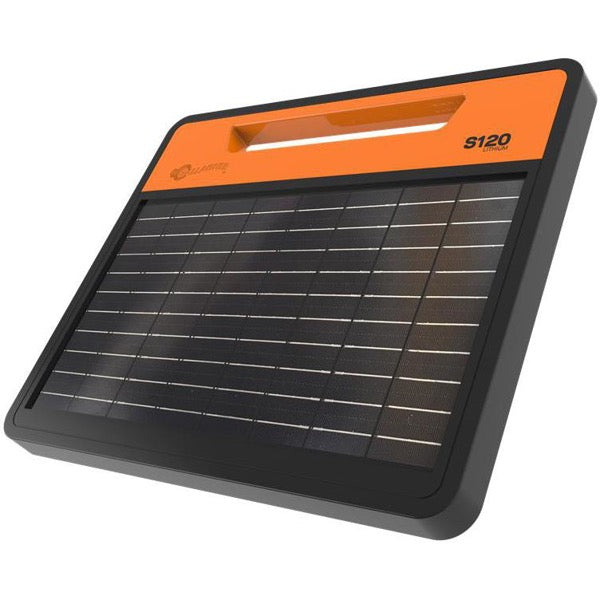 Gallagher S120 Solar panel with orange top and black grid pattern on a white background