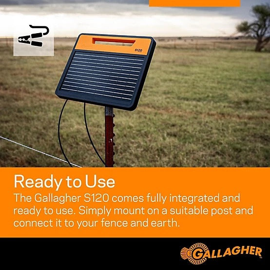 Solar fence energizer with text about the Gallagher S120 product on a field background.