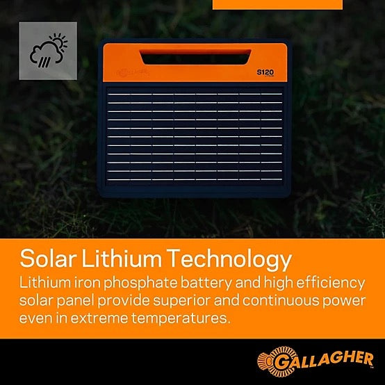 S120 Electric Fence Charger with Solar lithium technology product and Gallagher branding on a grass background