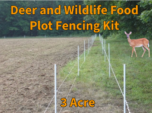 Deer and wildlife food plot fencing kit with a deer in a field, text indicating 3-acre size.