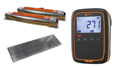 Gallagher W-O livestock and cattle scale indicator with a black and orange casing, displaying a cattle weigh scale reading of 27i pounds , shown in front of an alleyway loadbar set on a white background. and cattle weigh platform