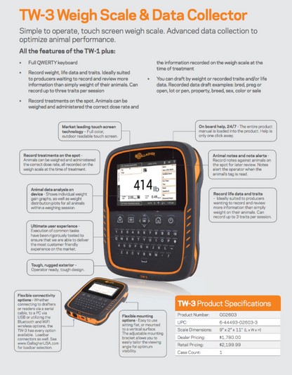 A promotional product graphic for the gallagher TW-3 Weigh Scale & Data Collector. The scale is shown in a side profile view, featuring a black body with a bright orange top and bottom trim, and a digital display screen showing '414 lb'.