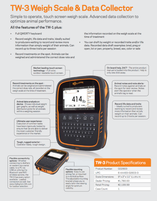 A promotional product graphic for the gallagher TW-3 Weigh Scale & Data Collector. The scale is shown in a side profile view, featuring a black body with a bright orange top and bottom trim, and a digital display screen showing '414 lb'.