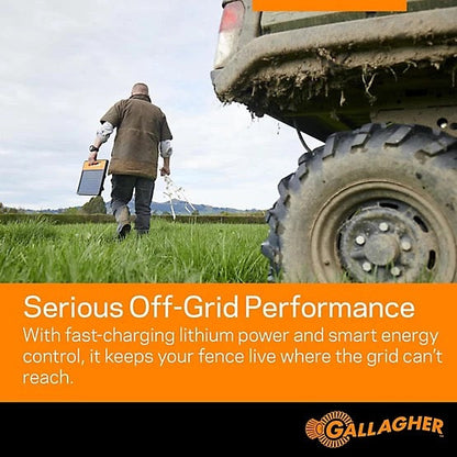 Farmer walking with a solar S120 towards a large vehicle in a grassy field, with Gallagher branding and text about off-grid grazing fence performance.