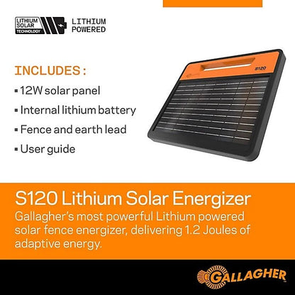 Gallagher S120 Lithium Solar Energizer with features listed on a white background