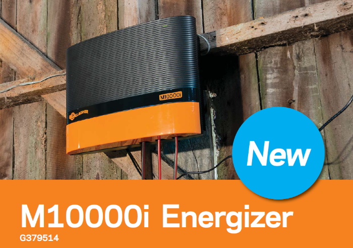 Gallagher M10000i electric fence charger connected to livestock fence inside cattle barn with new logo